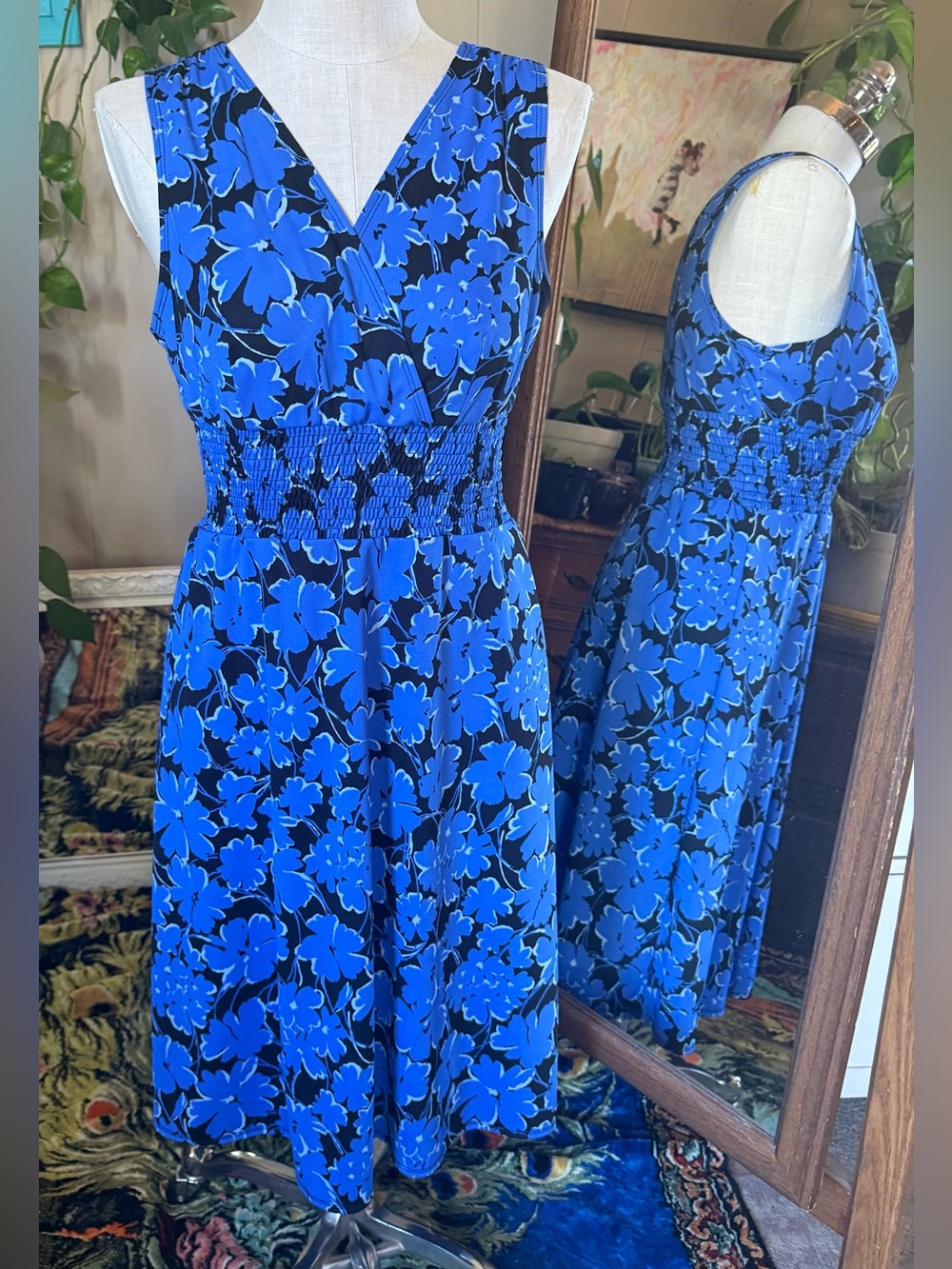 Rabbit Rabbit Rabbit Designs Dress Women Sz 12 Blue Black Floral Smocked Waist